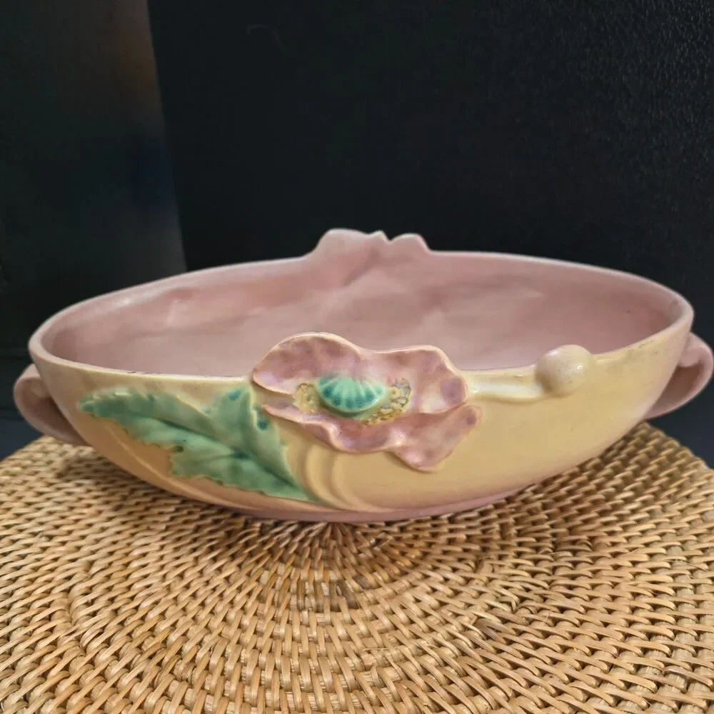 Vintage Roseville Poppy Center Console Bowl Blush Pink & Yellow 1930s